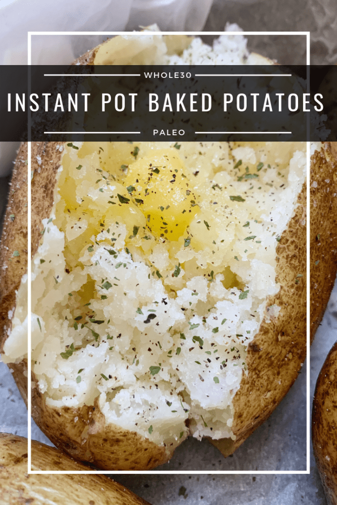 Instant Pot Baked Potatoes split in half, fluffed up, and topped with ghee, salt, and pepper