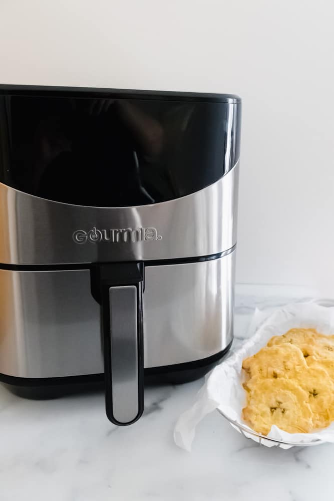 gourmia air fryer with a basket of air fryer tostones