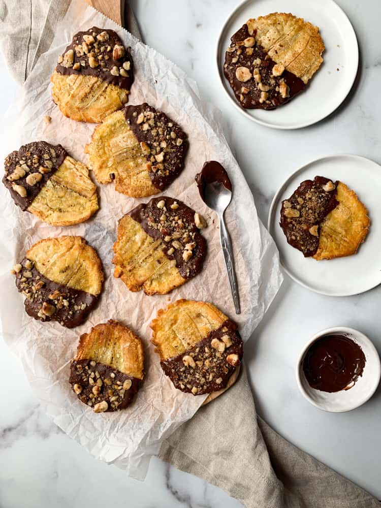 chocolate hazelnut tostones with melted chocolate on the side