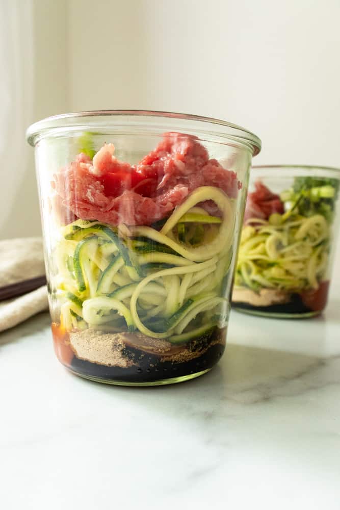 a layered view of beef pho to go