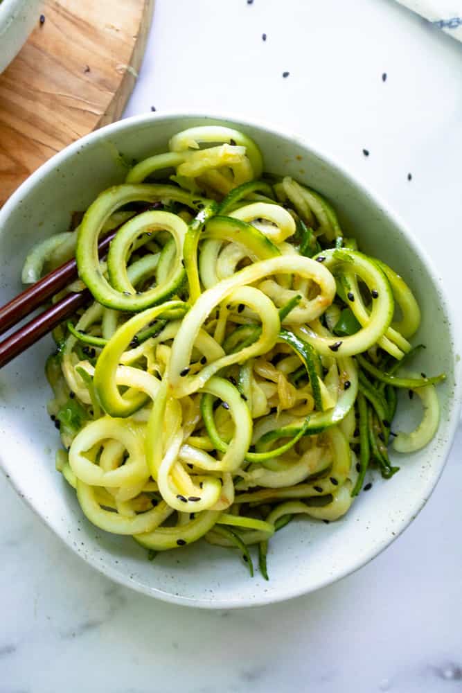 cold sesame wasabi noodles in a bowl