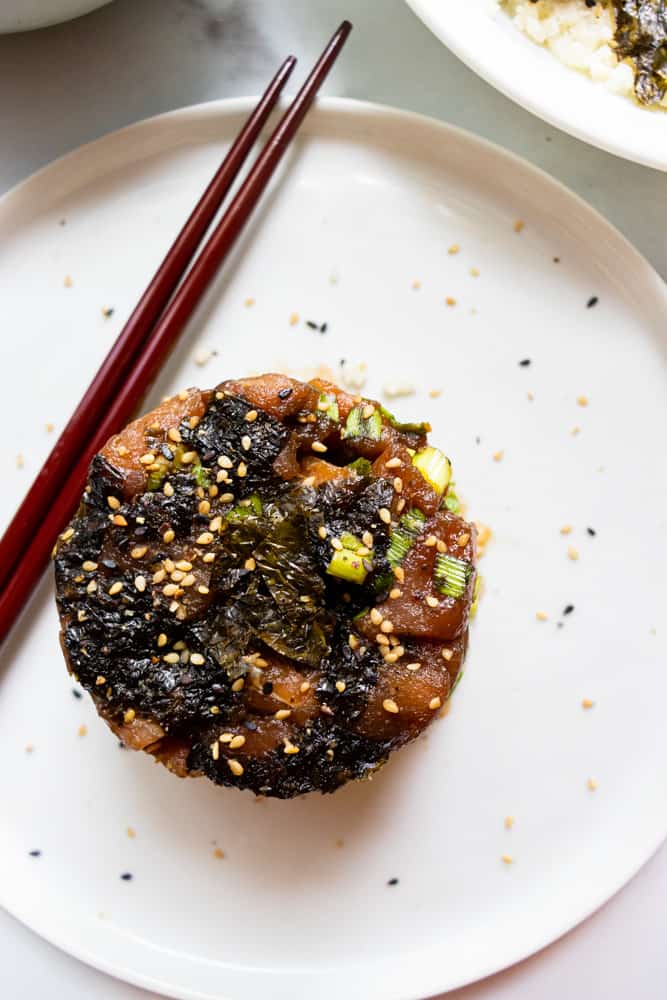 poke tuna stacks on a plate