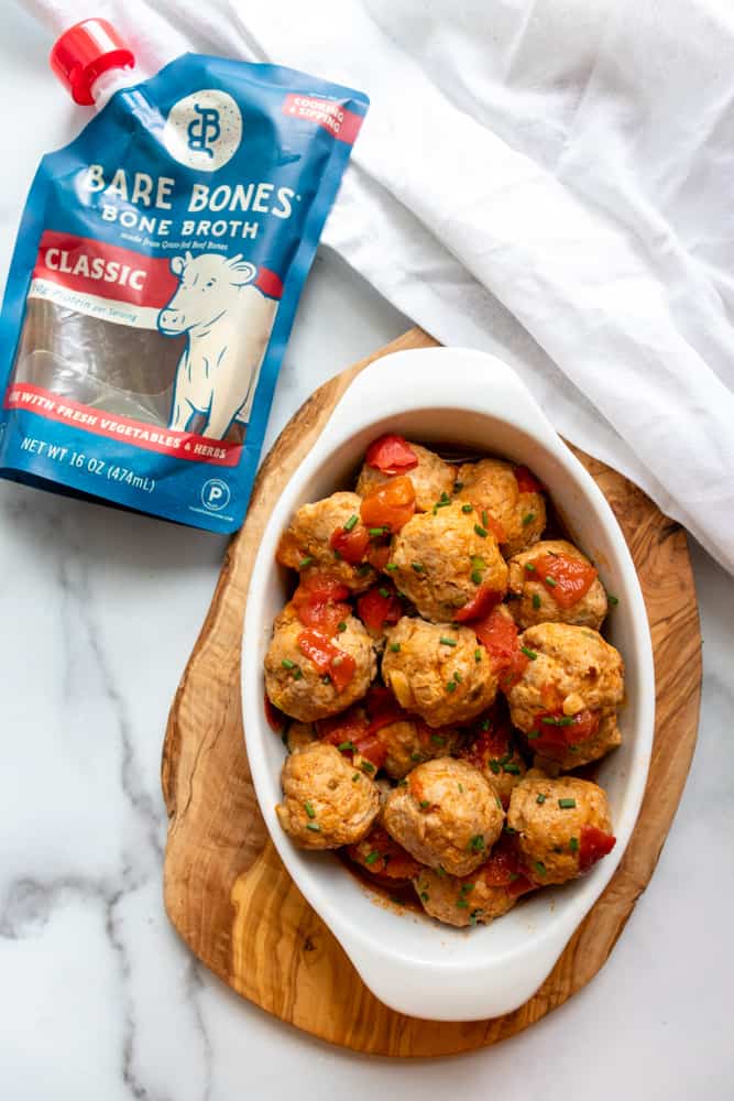 Vietnamese Meatballs (Xiu Mai) next to a bag of Bare Bones bone broth