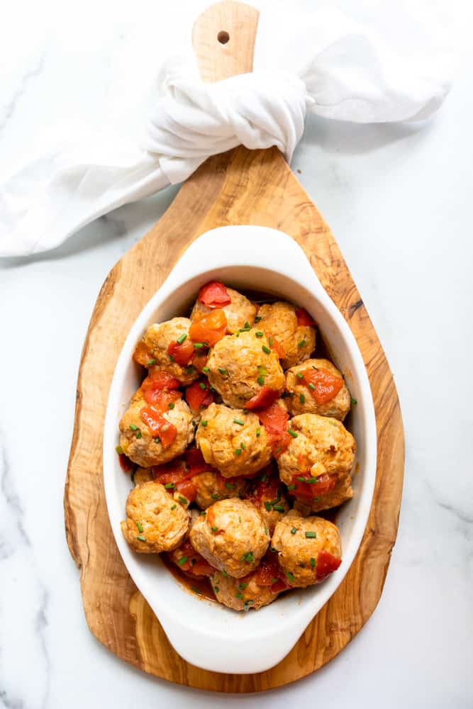 Vietnamese Meatballs (Xiu Mai) in a serving dish on a brown platter