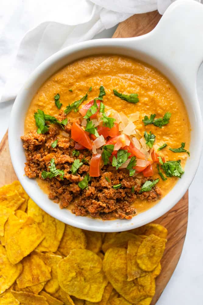 queso fundido con chorizo served with plantain chips