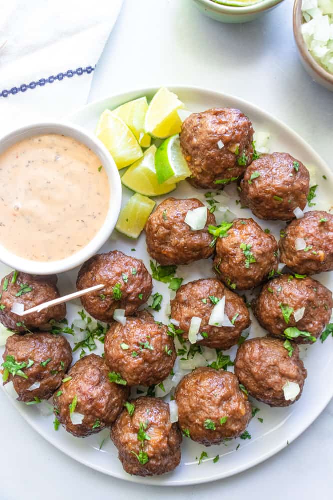 street taco meatballs with a toothpick inserted into one