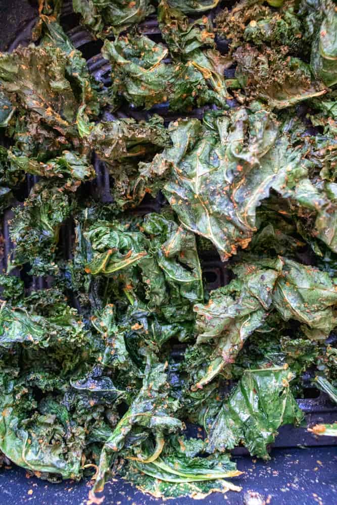 a close up of air fryer kale chips