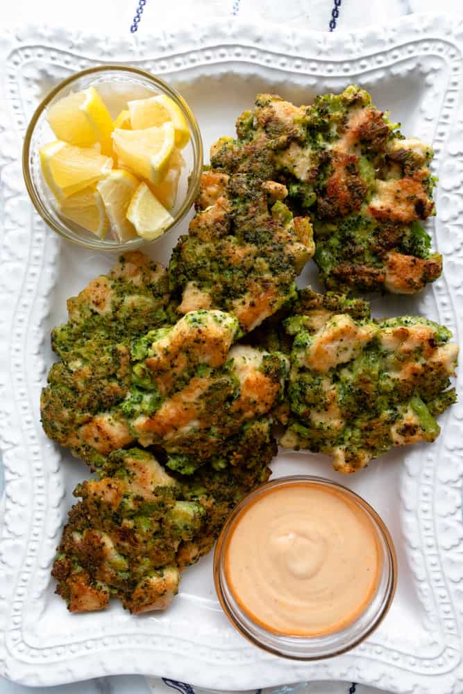 a platter of chicken broccoli fritters
