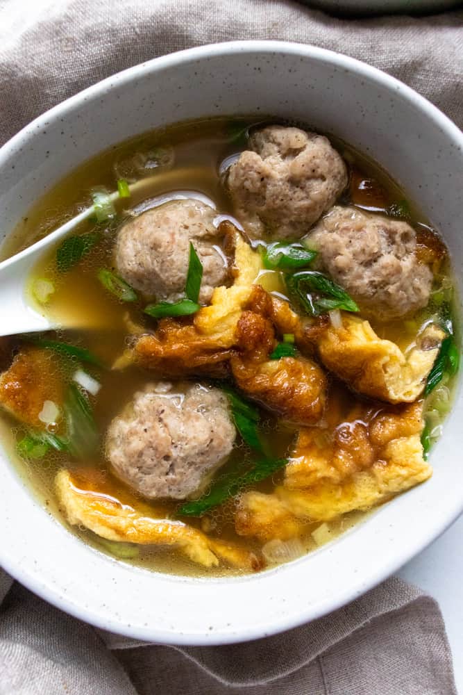 close up of the Thai Pork Omelette Soup in a bowl