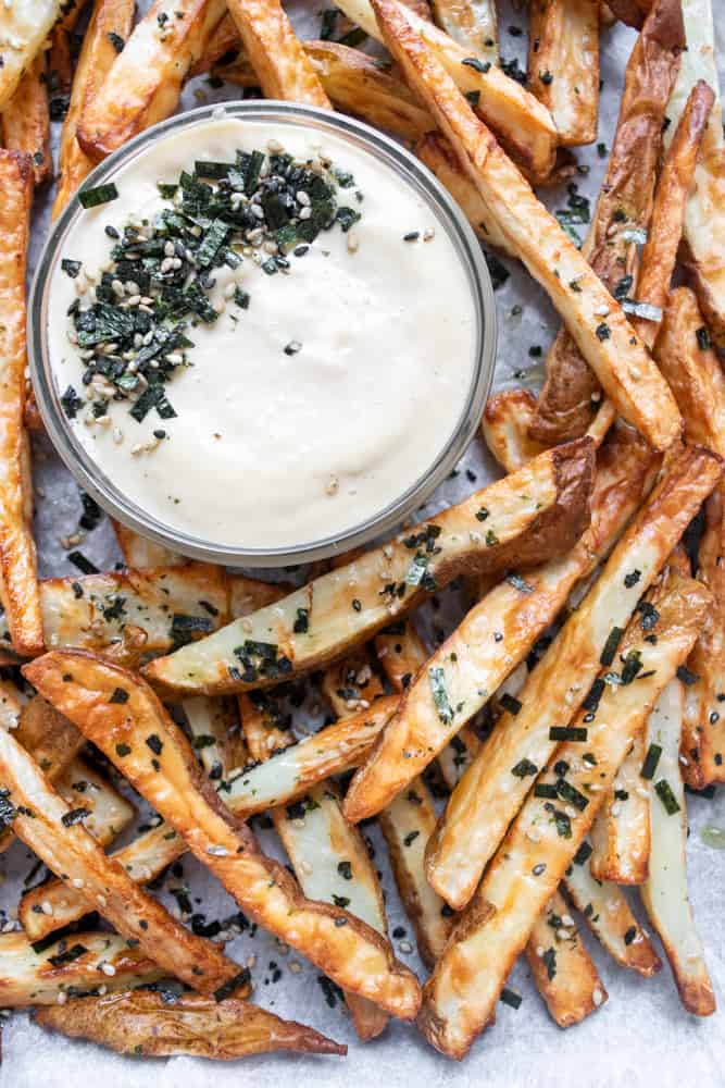 furikake french fries on a platter with dipping sauce