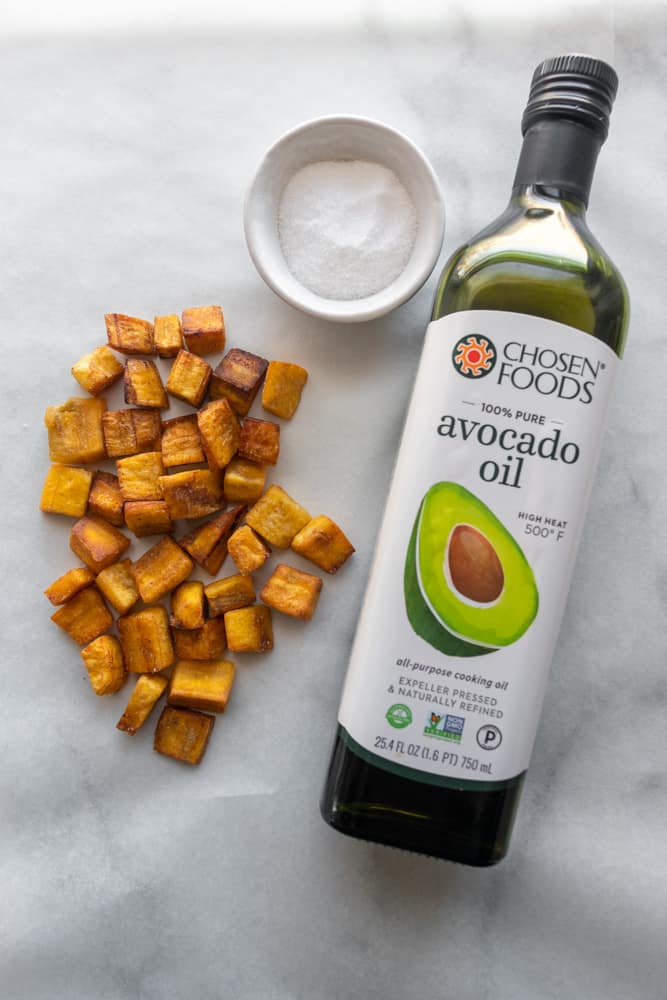 plantain croutons next to avocado oil and kosher salt