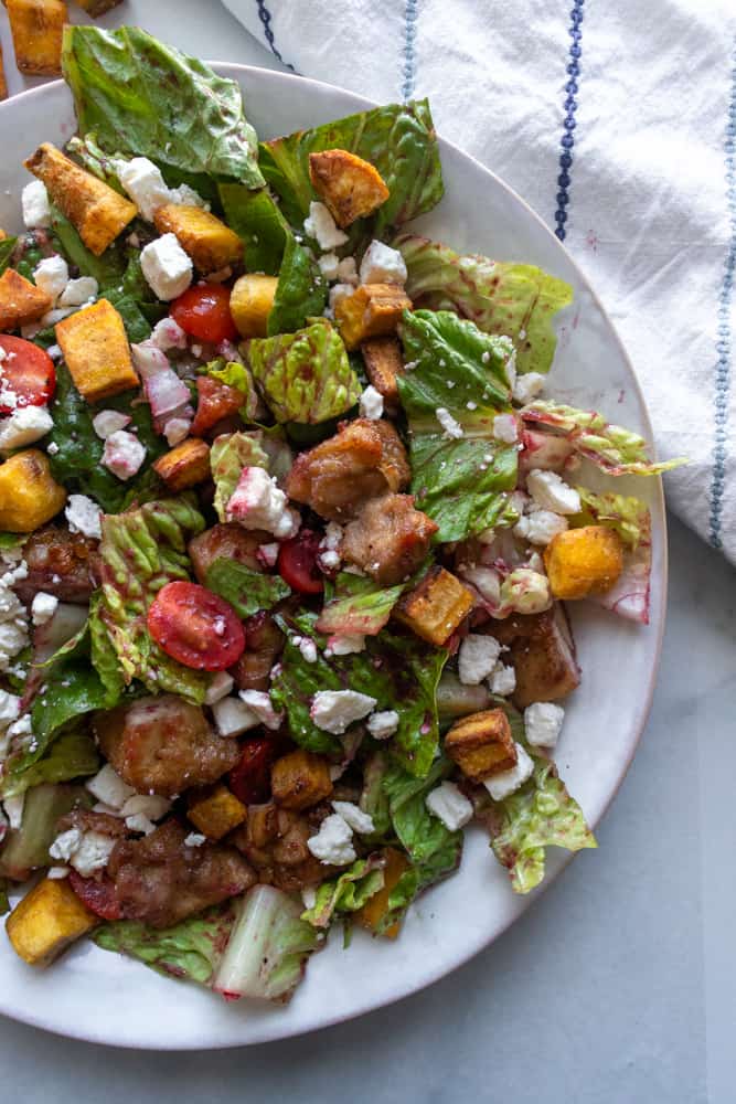 plantain croutons on a salad