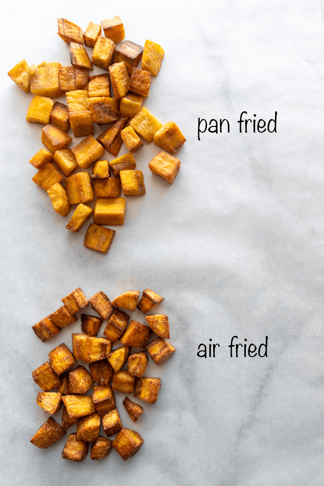 showing two different ways the plantain croutons are cooked, pan fried and air fried