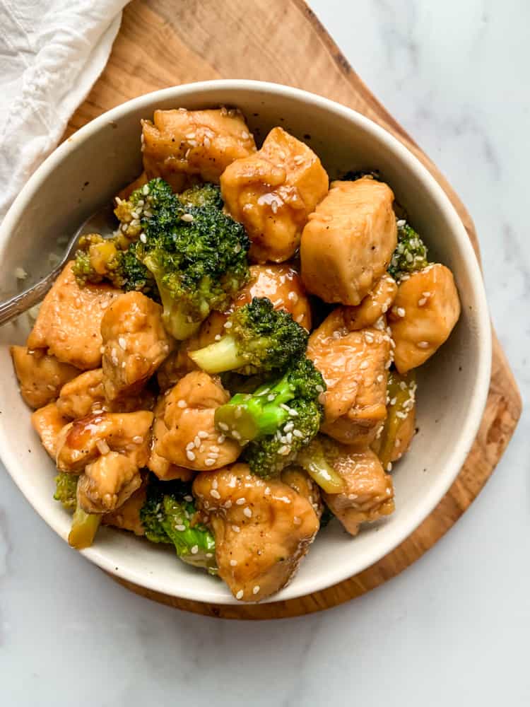 sesame chicken stir fry in a bowl