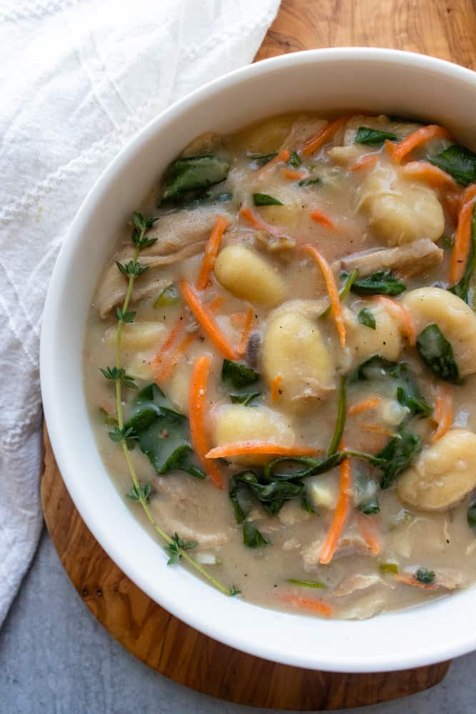 up close view of chicken gnocchi soup