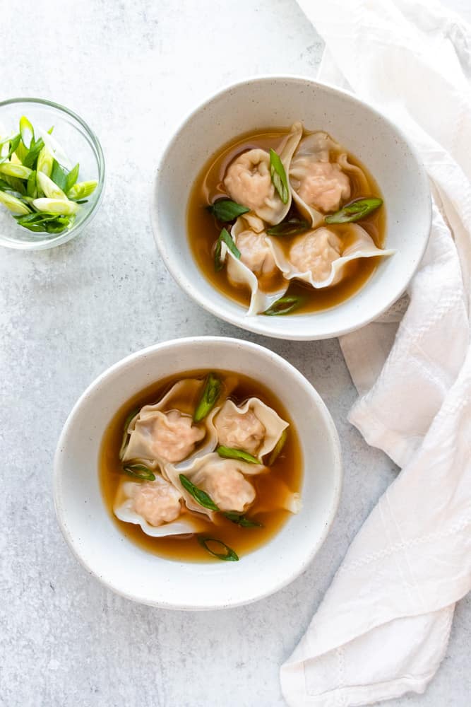 two bowls of easy wonton soup