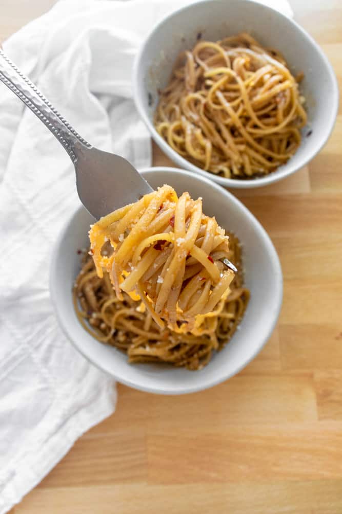 spicy garlic linguine twirled on a fork