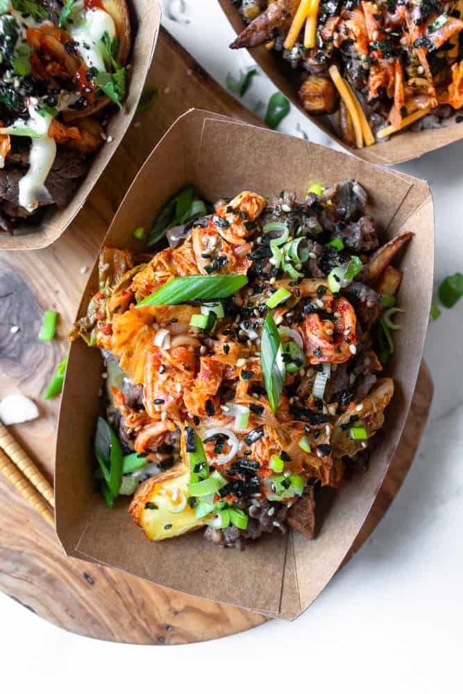 closeup of bulgogi kimchi fries