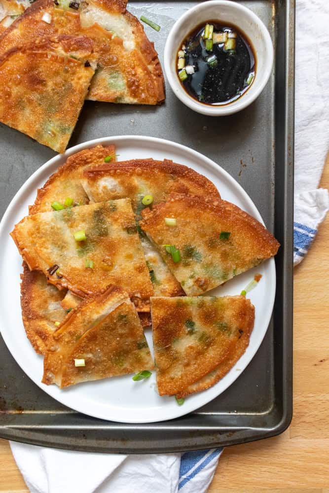 up close shot of the easy scallion pancakes