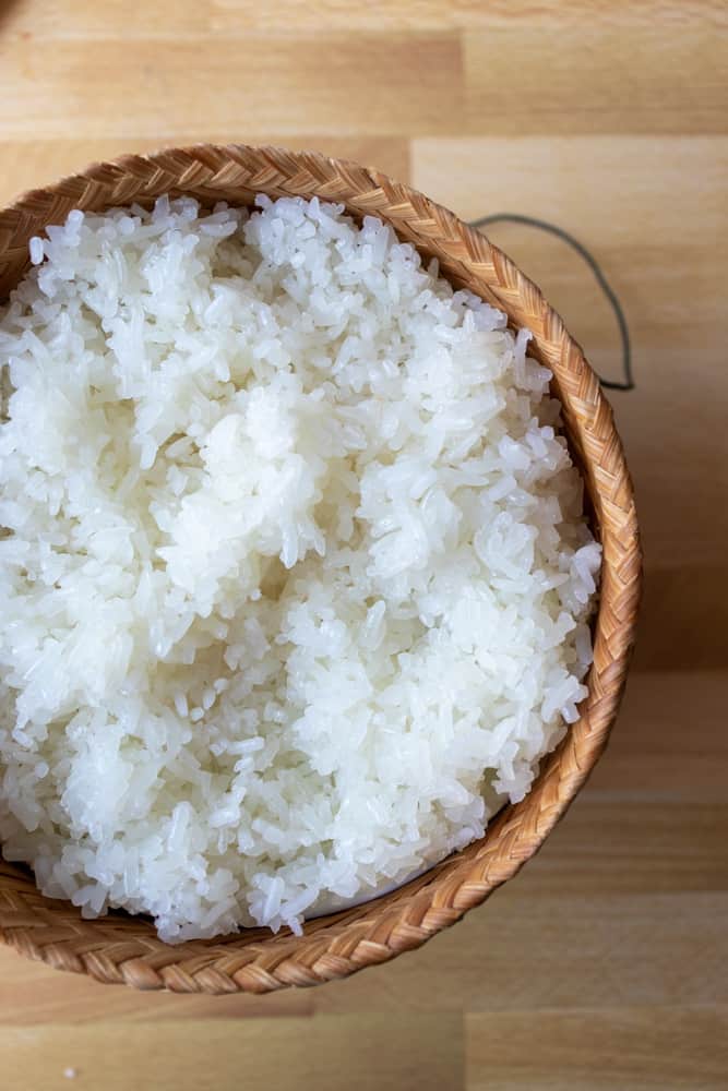 sticky rice (khao niew) in a bamboo basket