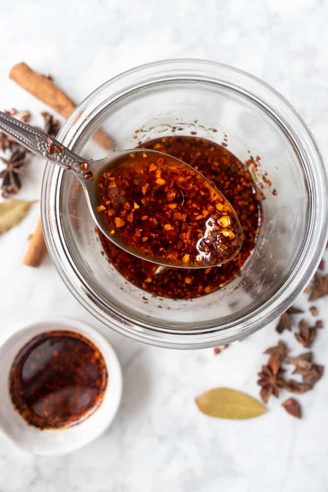 hot chili oil in a spoon