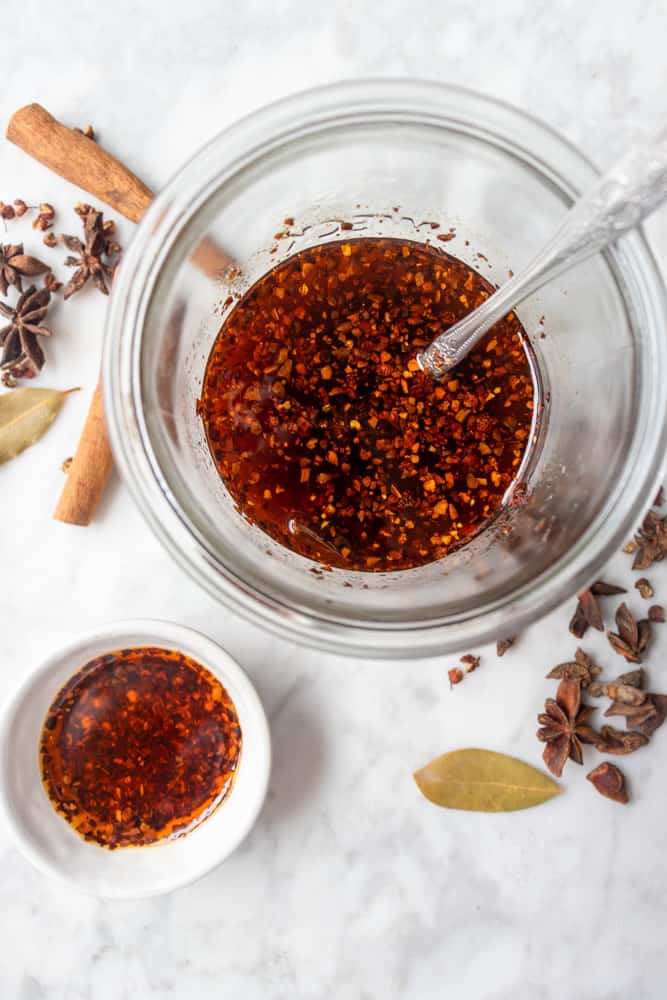 hot chili oil in a jar and in a small bowl