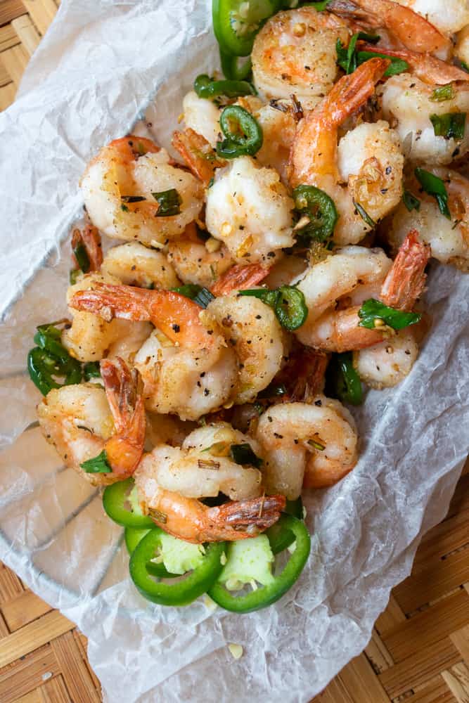 Salt & Pepper Shrimp in a basket closeup