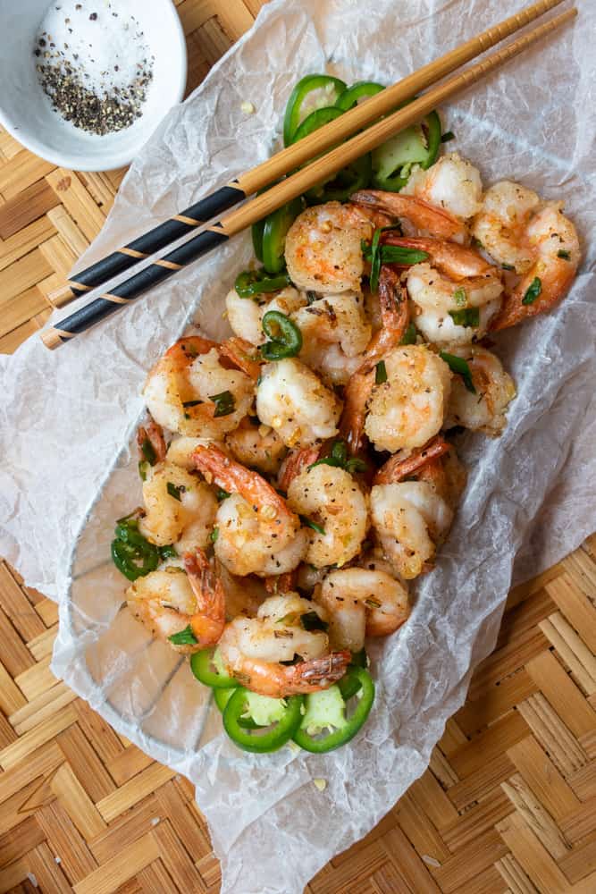 Salt & Pepper Shrimp in a basket with chopsticks