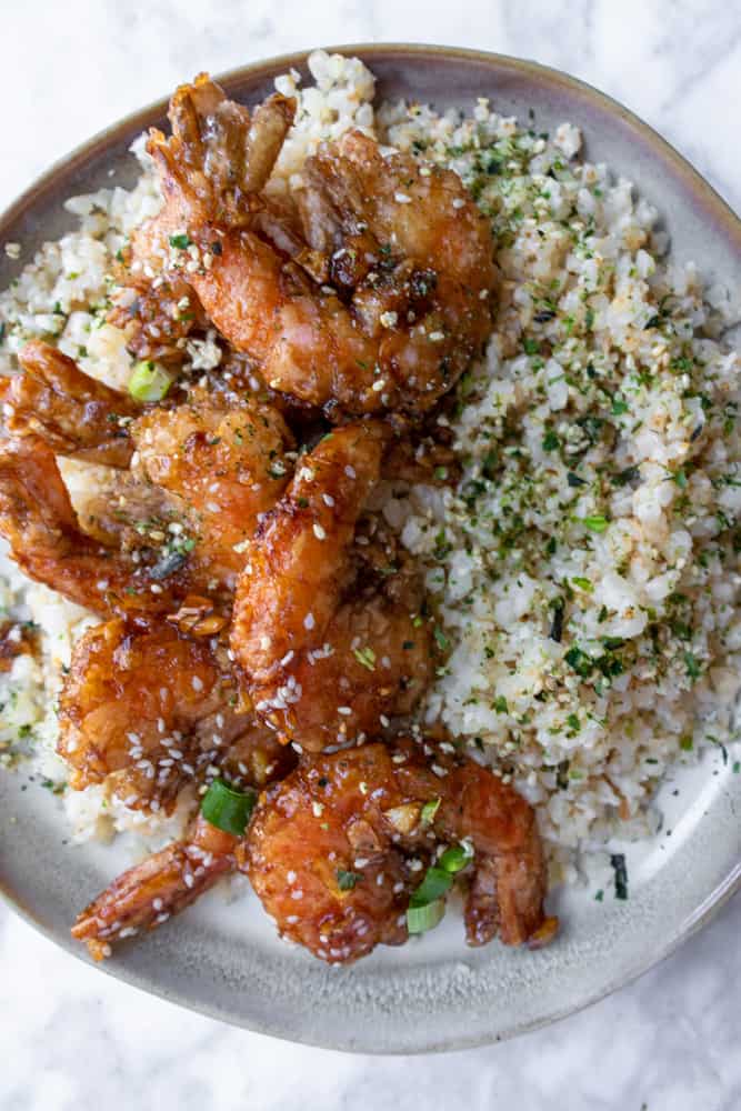 Garlic Butter Shrimp served over cauliflower rice