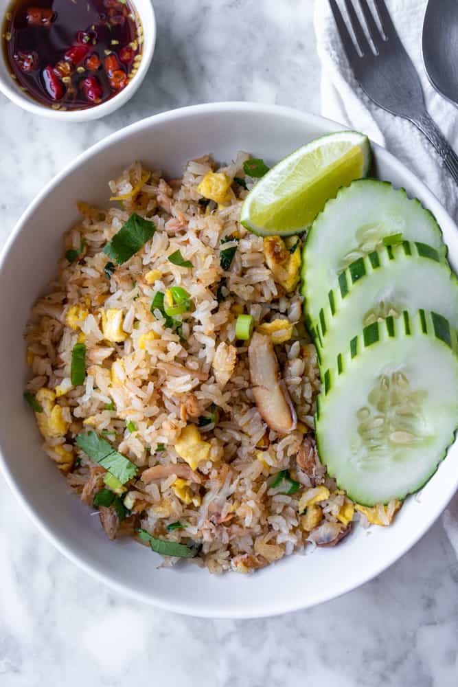 an overview of a bowl of Thai Crab Fried Rice