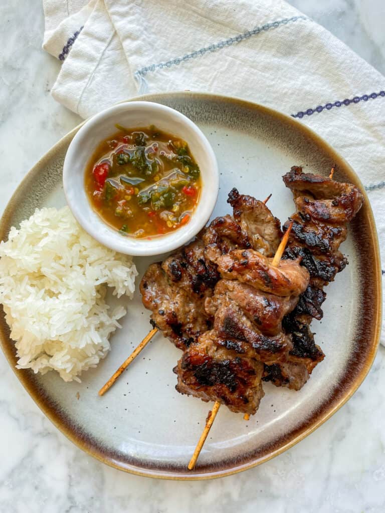 moo ping (thai grilled pork) with sticky rice and jeow som